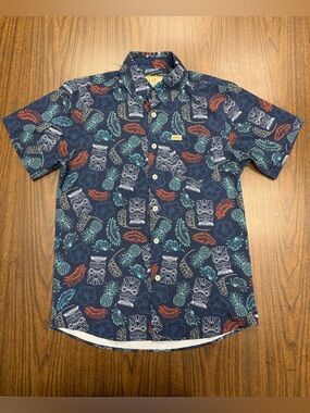 Dixxon “Tiki Time”  Navy Tropical Print Short Sleeve Button-Up Shirt Lightweight